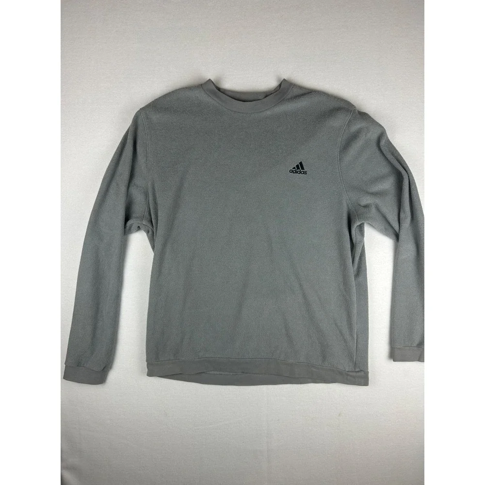 Adidas Sweatshirt Men's L Gray Fleece Terry Crew Neck Long Sleeve Pullover Logo‎